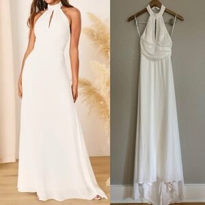 Elegant Glamour White Pleated Halter Cutout Maxi Dress
